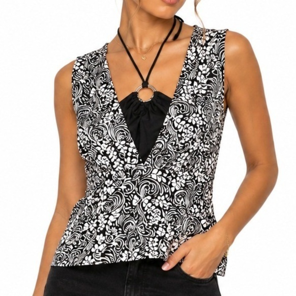 Y2K 6 Degrees Halter Top Women L Black Floral Paisley O Ring Sleeveless Retro